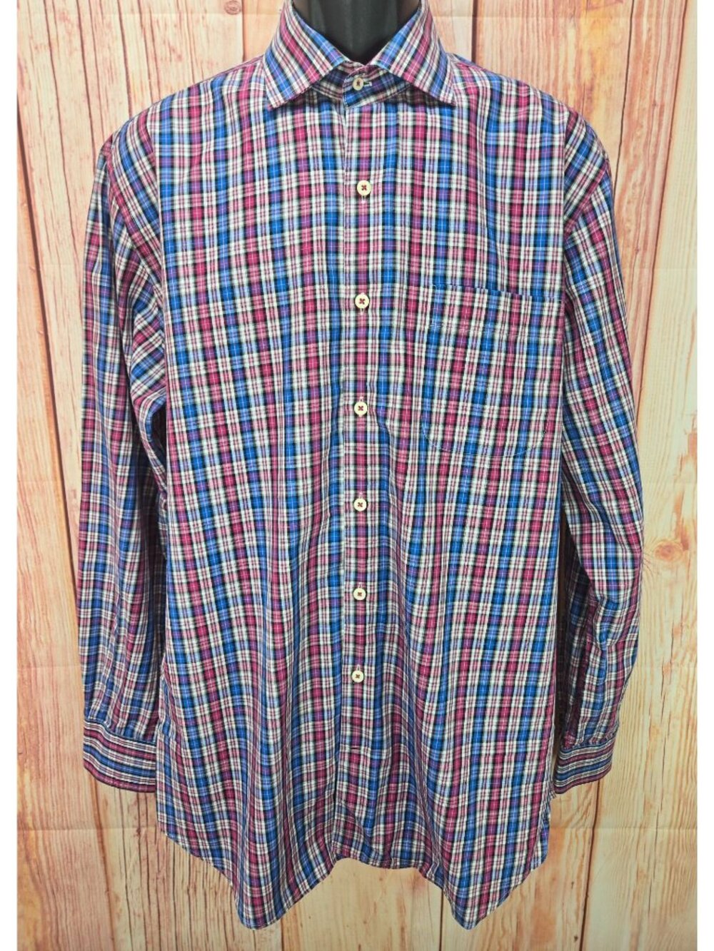 Peter Millar Mens Classic Fit Plaid Dress Shirt Size Large